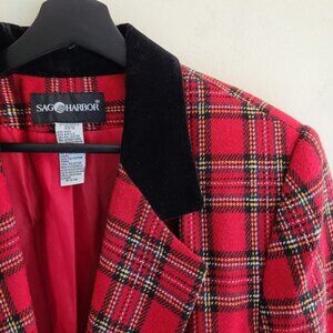 Vintage Red Plaid Blazer Tag sz 14 Velvet Collar Boyfriend 1 Button Christmas
